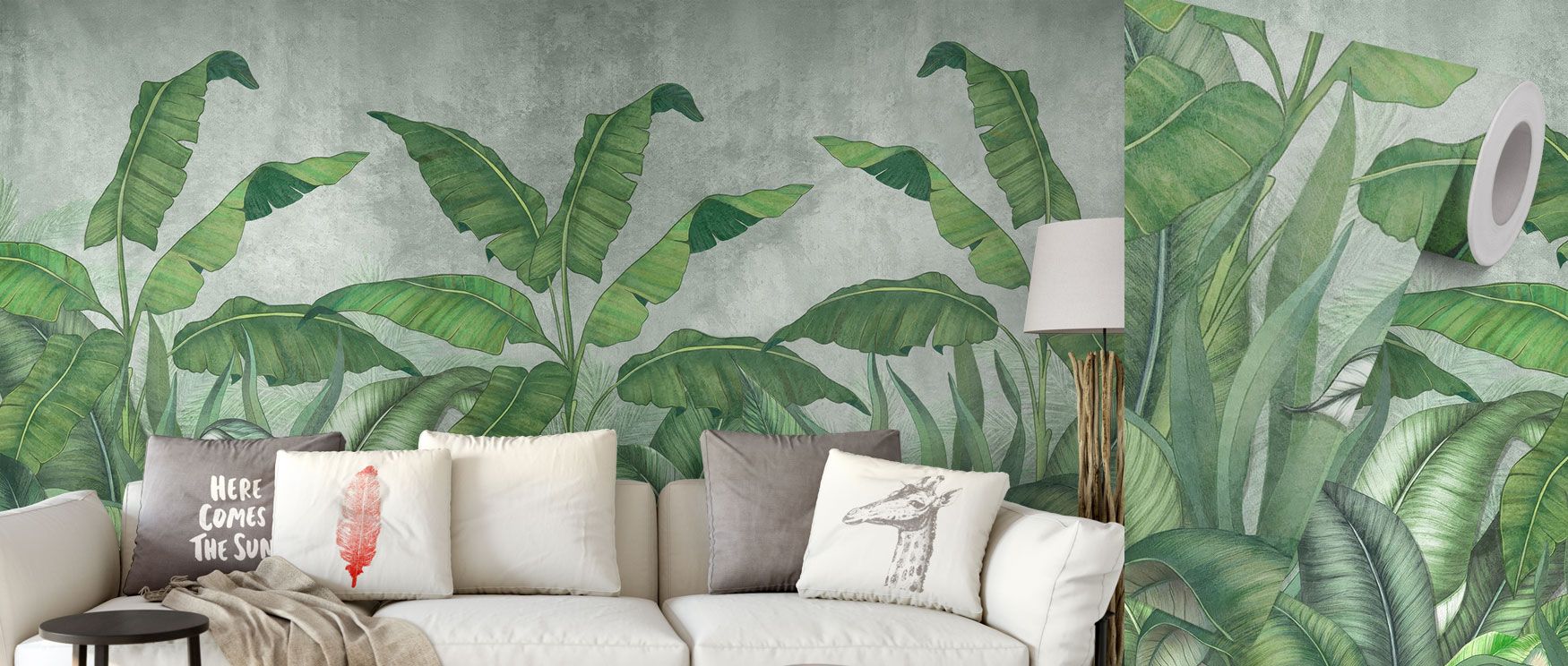 A vibrant wallpaper inspired by lush natural foliage, featuring large tropical plants that create a refreshing wall statement ideal for living rooms or serene bedrooms. 