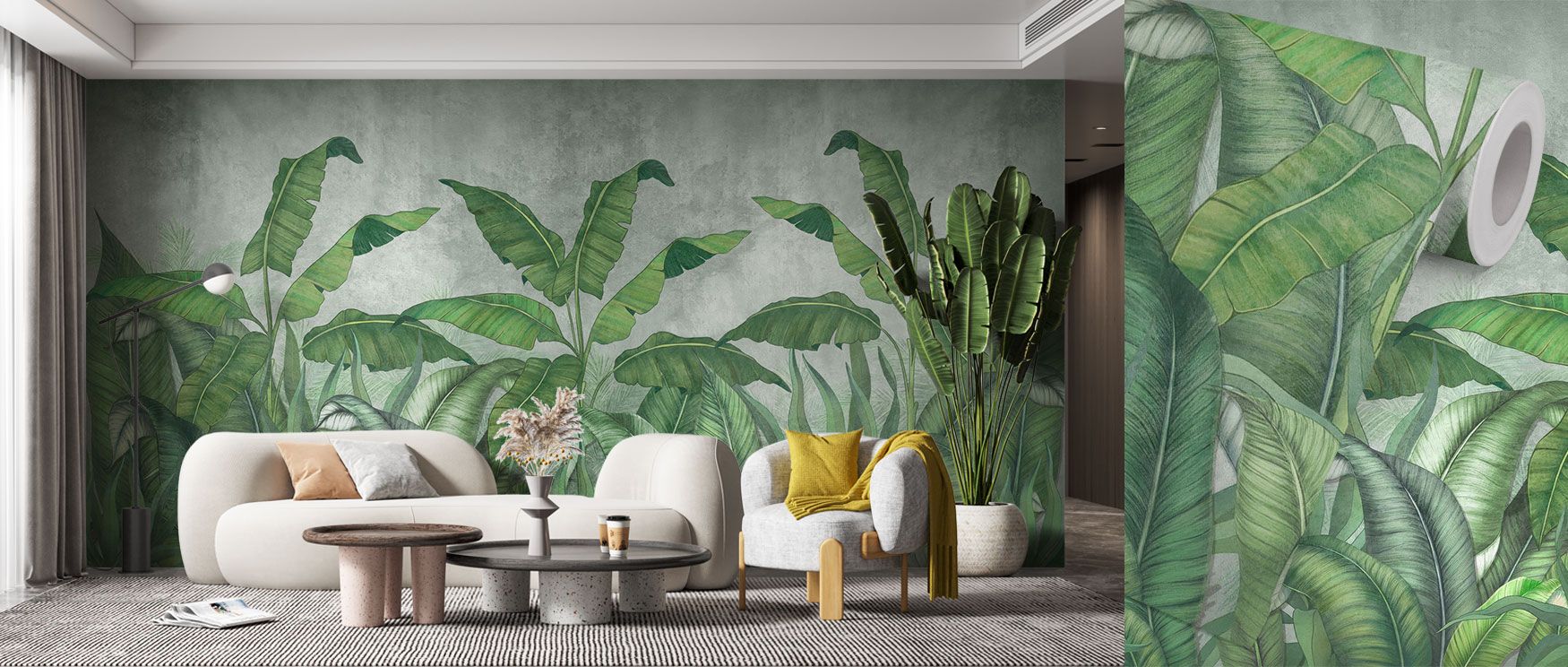 Big green tropical leaves form the heart of this eco-friendly wallpaper design, making it a lively wall covering that adds freshness and a sense of the outdoors to interiors. 