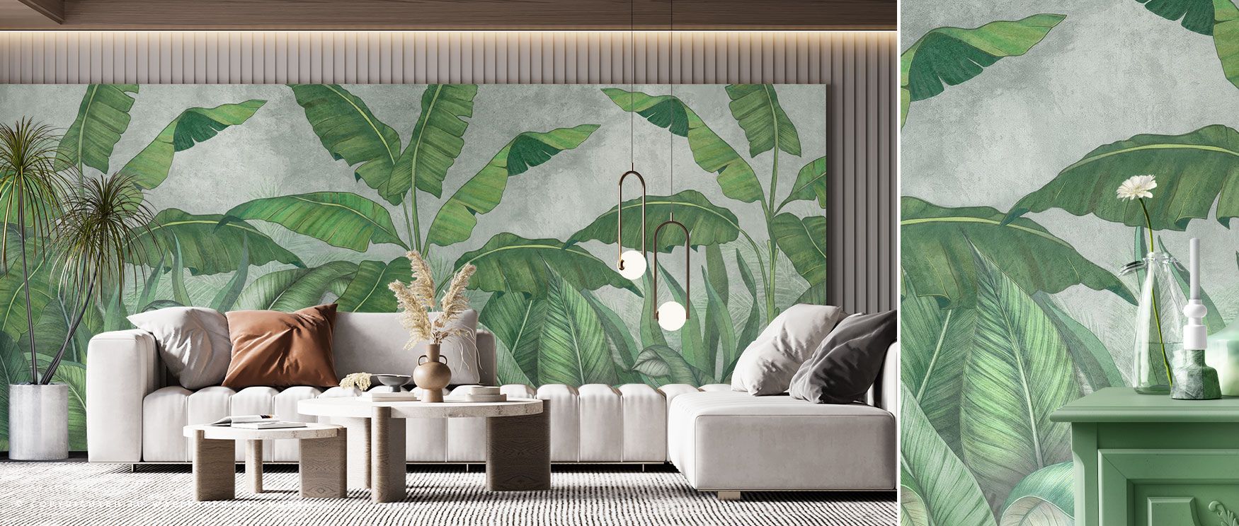 The wallpaper celebrates natural plant beauty with bold tropical leaf patterns in vibrant green hues, turning walls into lush botanical backdrops for cozy spaces. 