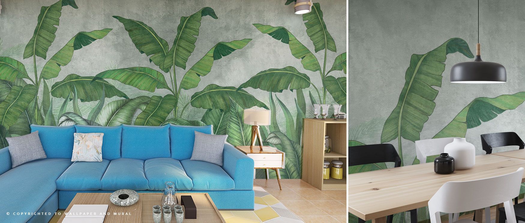 Oversized tropical leaves in detailed, layered green tones create a wallpaper that offers natural vibrancy and eco-conscious charm for bedrooms or dining areas. 