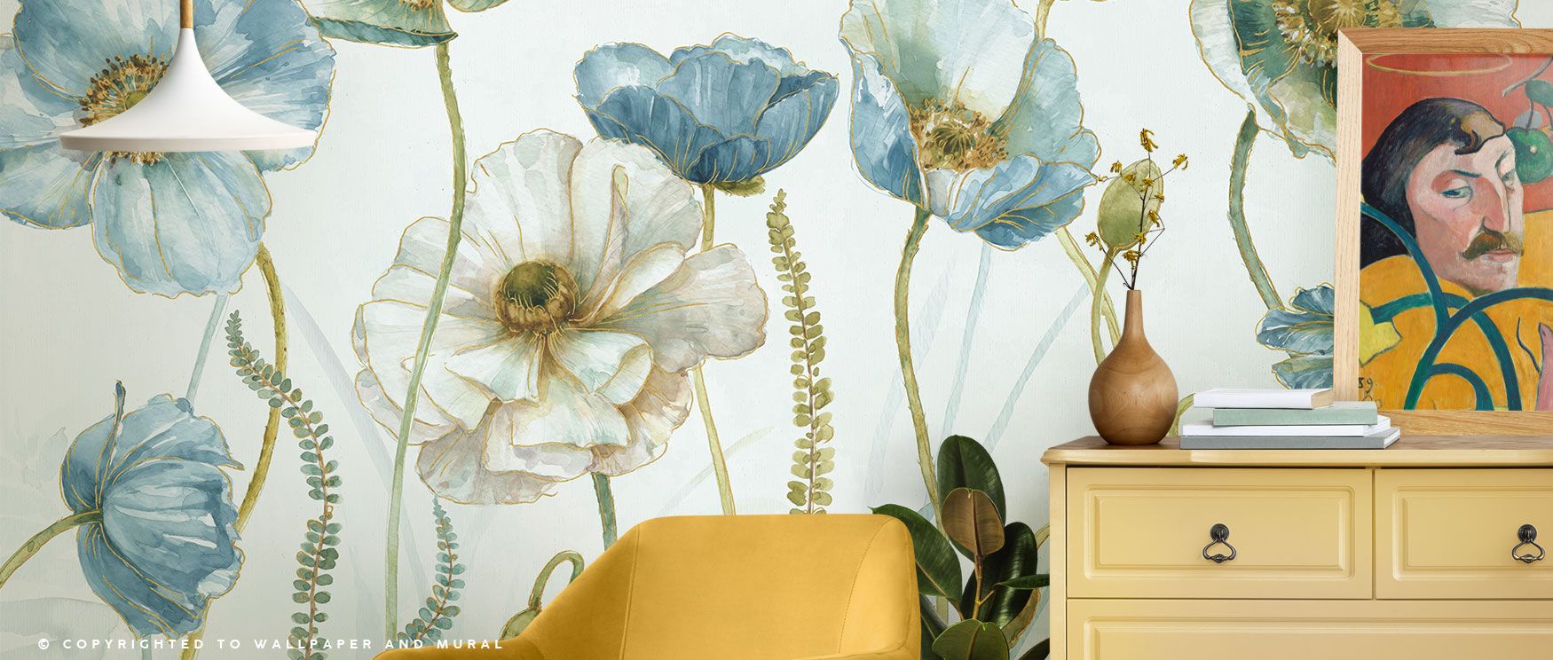 This wallpaper showcases florals with painterly softness, accented with golden highlights, creating a refined wall covering perfect for tranquil or elegant spaces. 