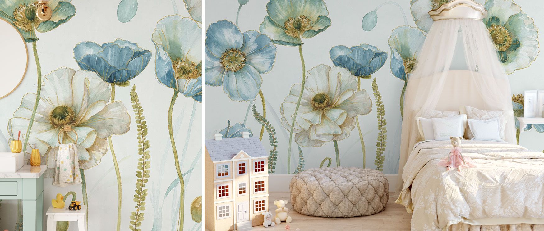 A floral wallpaper combining watercolor artistry with shimmering gold detail, ideal for creating stylish, inviting spaces in bedrooms, lounges, or studies.