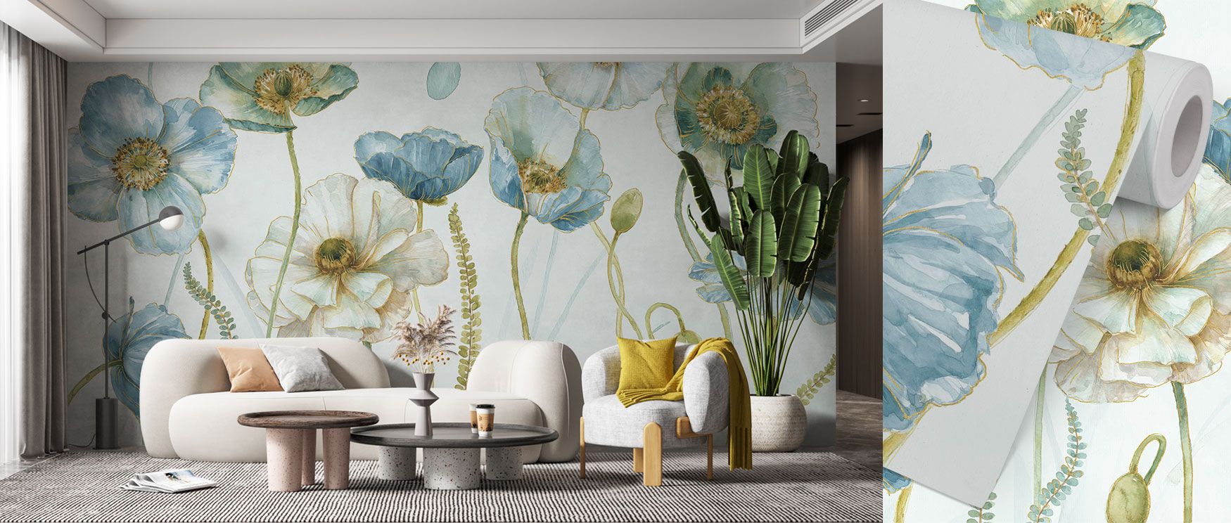 Vibrant flowers rendered in watercolor tones combine with sparkling gold highlights in this wallpaper, offering sophistication and warmth for bedrooms or lounges. 
