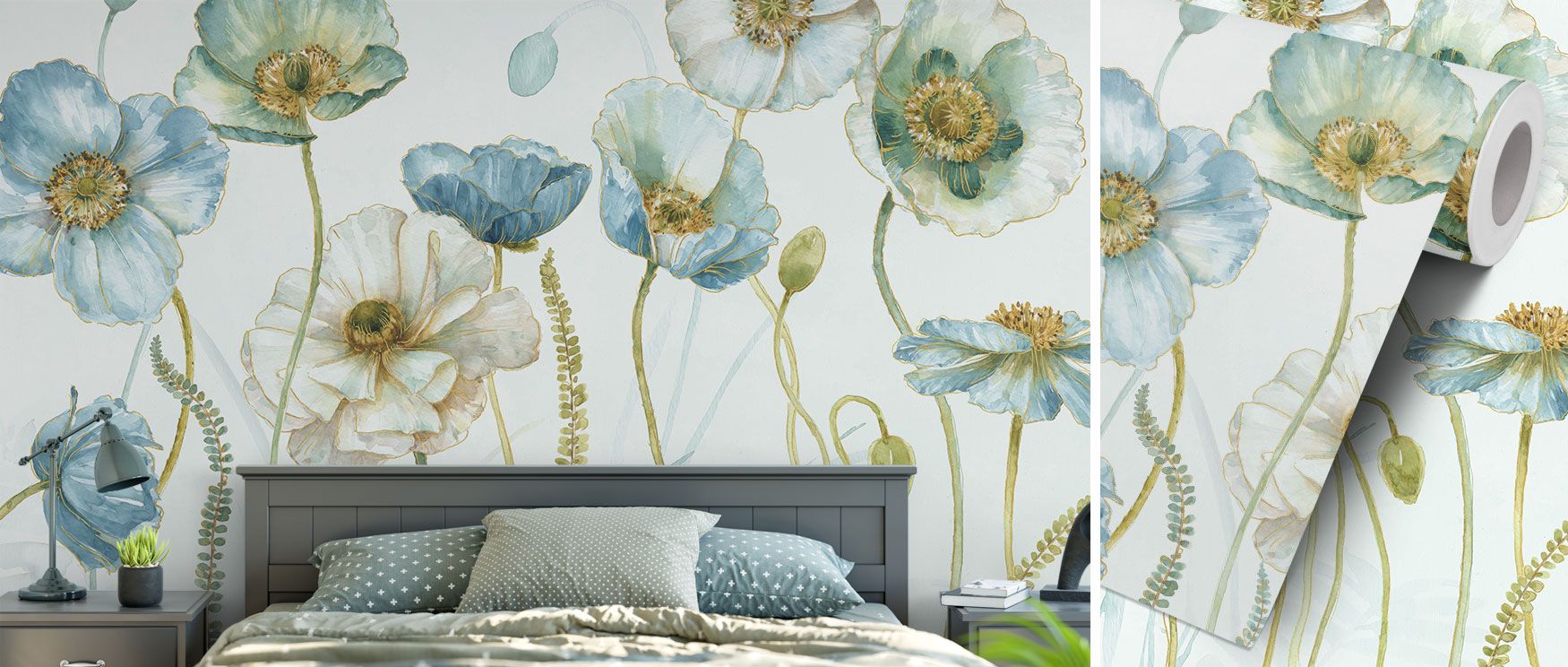 This wallpaper captures botanical beauty with detailed blossoms painted in soft tones and highlighted with shimmering golden touches, elevating room ambiance. 