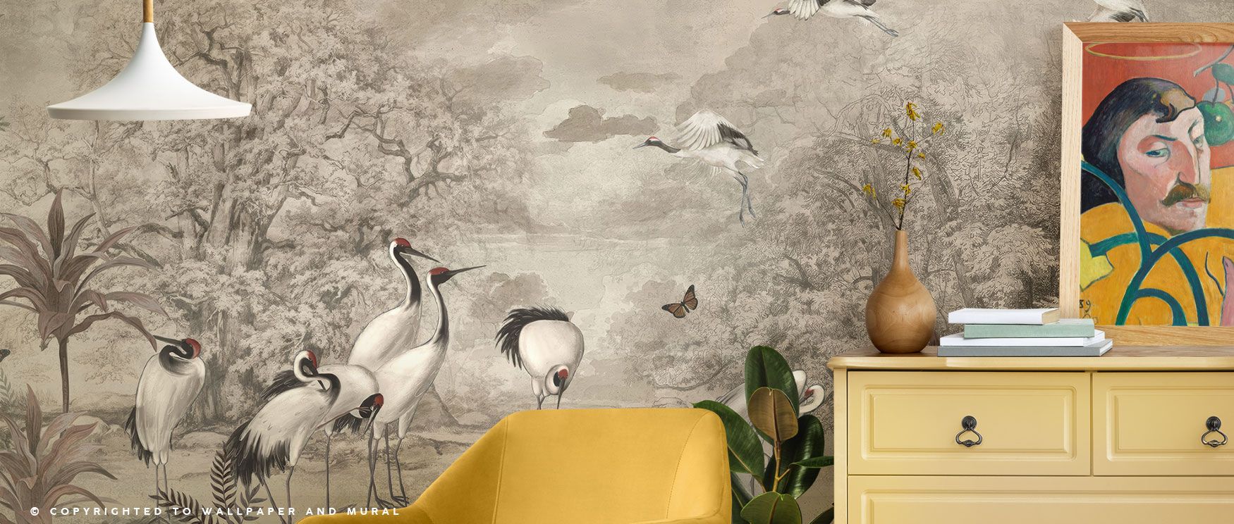 Sandhill cranes with their elegant silhouettes bring avian grace to this wallpaper, enhanced by surrounding tropical greenery ideal for stylish living rooms or bedrooms. 