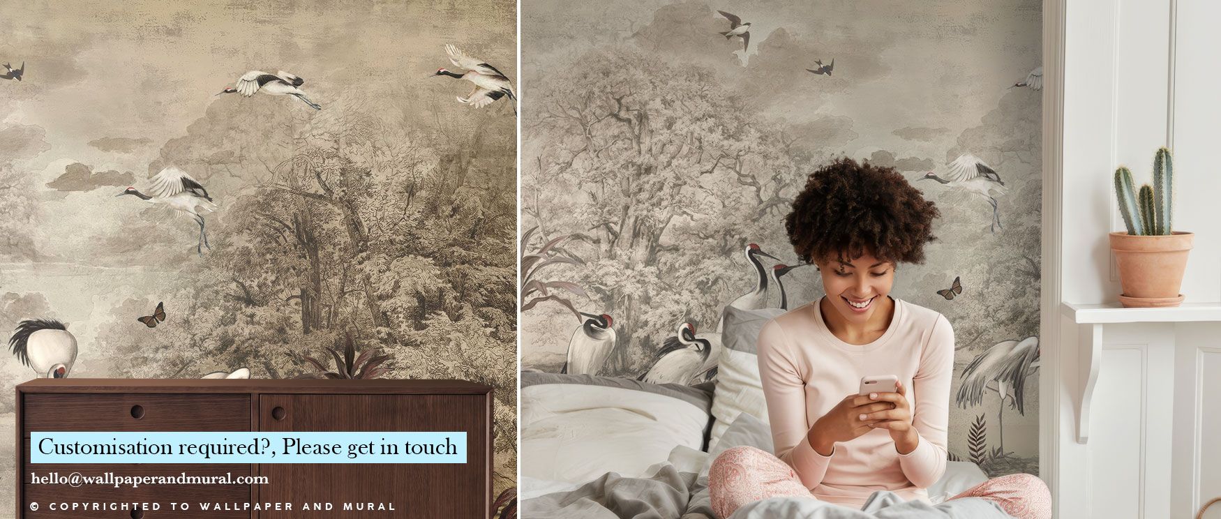 A design merging cranes and tree motifs into a natural tapestry, this wallpaper enhances walls with timeless serenity suited for refined interiors. 