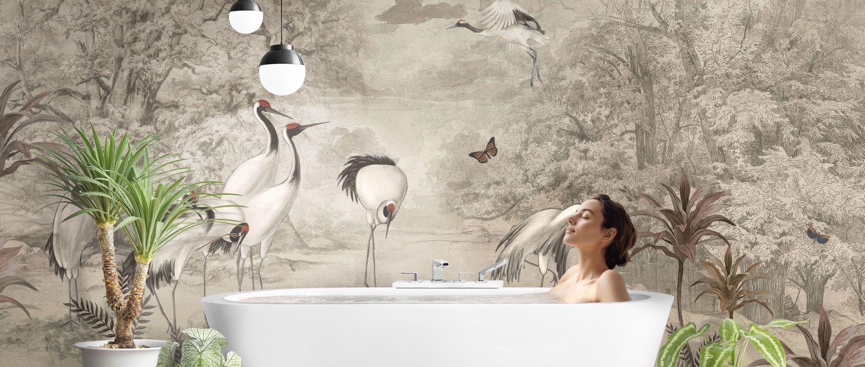 The Sandhill Cranes Wallpaper captures avian beauty and botanical greenery, making it an elegant wall covering perfect for bedrooms and serene creative rooms.