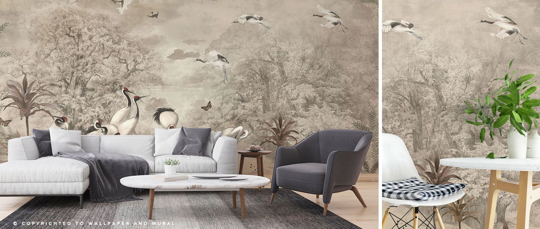 This wallpaper captures the poise of Sandhill cranes amid lush tropical foliage, blending the beauty of birds and trees to create a refined wall accent for cozy interiors. 