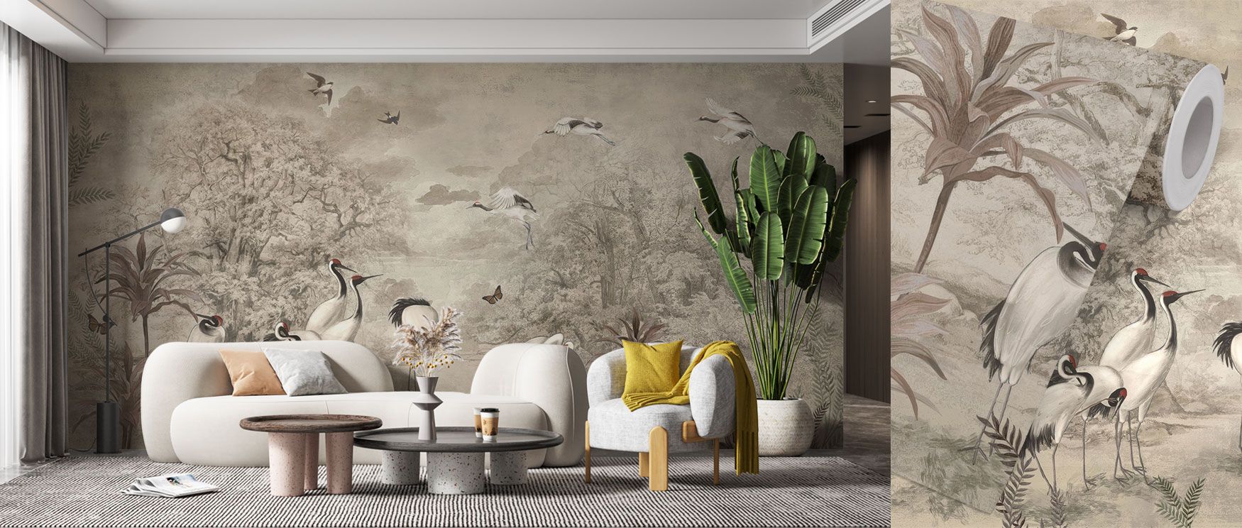 A harmonious scene of elegant cranes and surrounding tree forms offers natural sophistication in this wallpaper, perfect for bedrooms or quiet reading areas. 