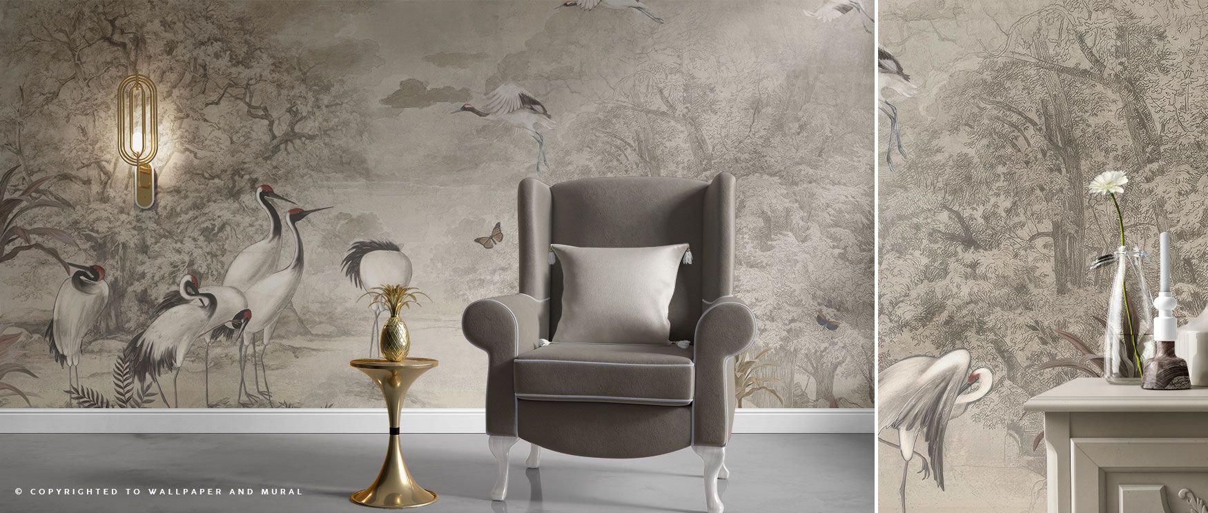 The Sandhill Cranes design combines bird elegance with tropical greenery, adding serenity and charm to interiors, making walls a statement of nature-inspired beauty. 