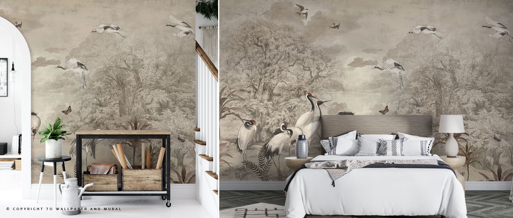 This wallpaper features majestic cranes set among lush tree details, creating a calming natural design that enhances bedrooms, studies, or tranquil lounges. 