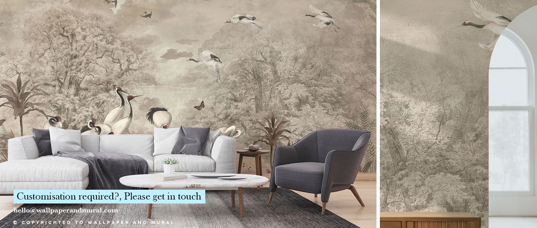 The poised elegance of cranes and botanical trees creates a wallpaper design that reflects natural balance, suited for spaces that seek harmony and beauty. 