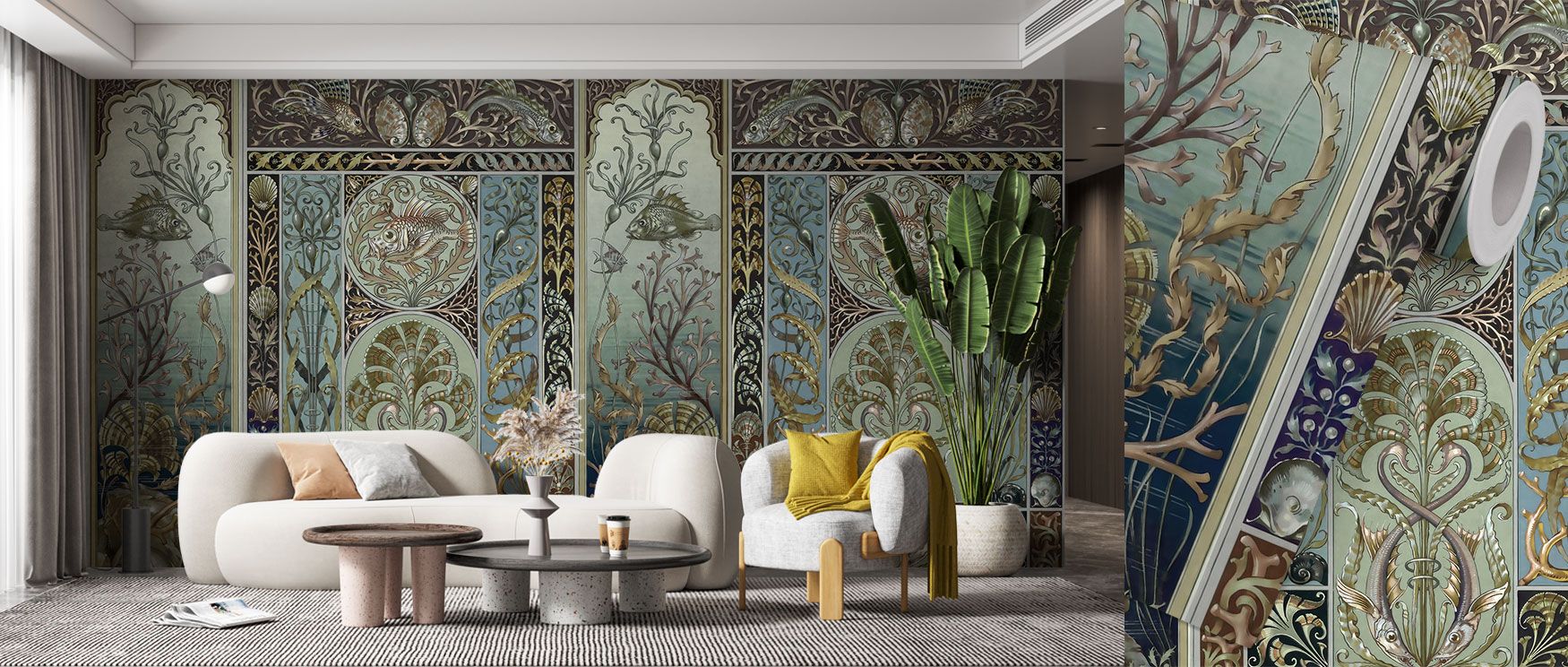 Underwater Blue Nature Wallpaper presents lush trees and foliage immersed in tranquil blue-green tones, creating an aquatic-inspired design that adds calm serenity to bedrooms or meditation rooms. 