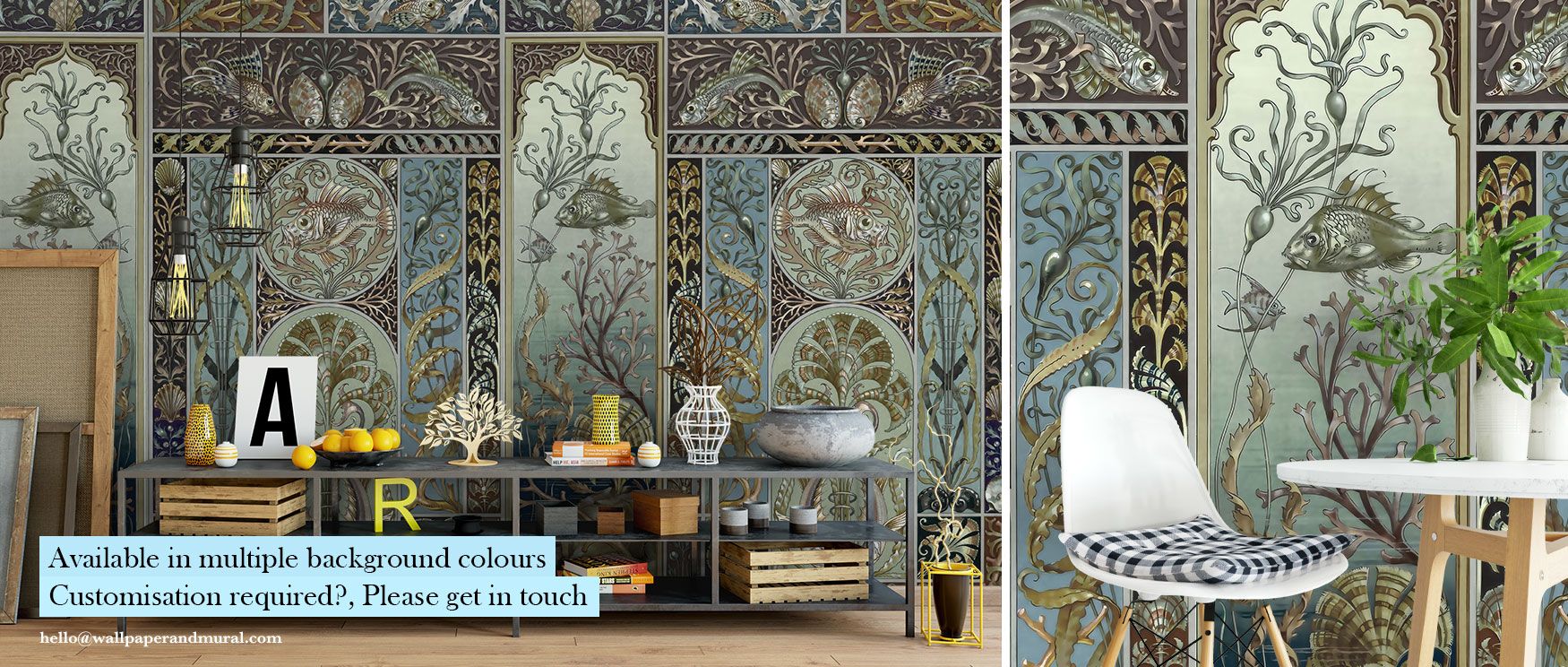 Aquatic-inspired wallpaper with lush plants and large trees softened in blue tones, adding contemplative calm to interiors suited for bedrooms or wellness rooms. 