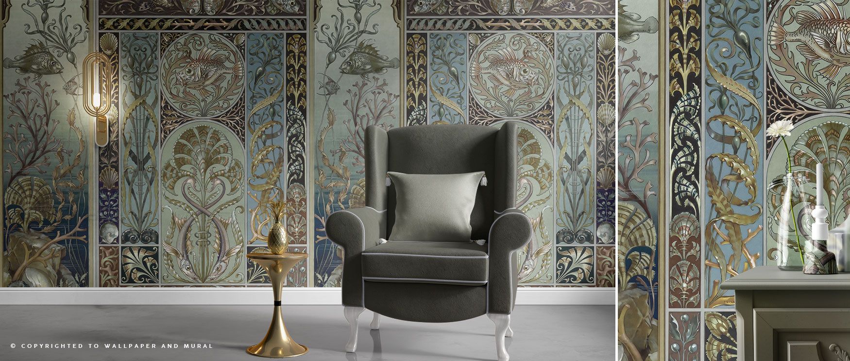 Blue-green tones envelop lush foliage in this wallpaper, evoking the depth and serenity of underwater landscapes ideal for bedrooms or yoga spaces. 