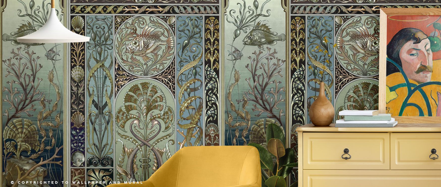 Lush plant life and tall trees merge with aquatic hues, forming a wallpaper design that adds balance, calm, and serenity to bedrooms or lounges. 