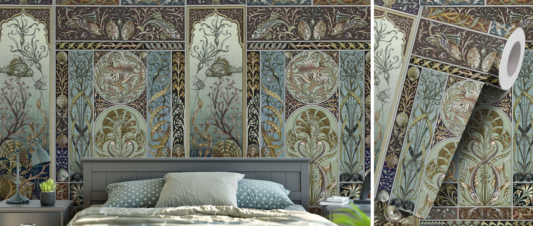 A serene aquatic-inspired forest scene blends trees and lush greenery with blue tones, adding soothing atmosphere to interiors like living rooms or studies. 