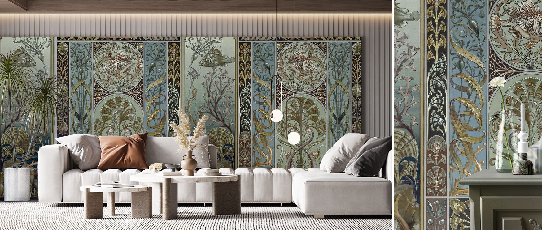 This wallpaper reflects underwater calm with layered foliage and tree silhouettes softened in blue, creating tranquility for restful home environments. 