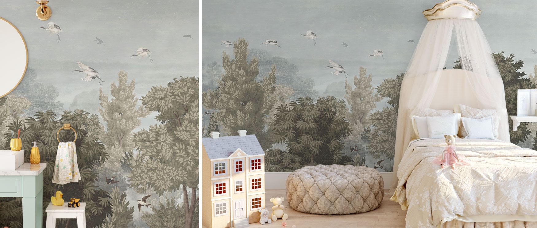 The design merges tree silhouettes and calm blue tones, embodying the freshness of sunrise in a wallpaper suited for restful living rooms or bedrooms. 