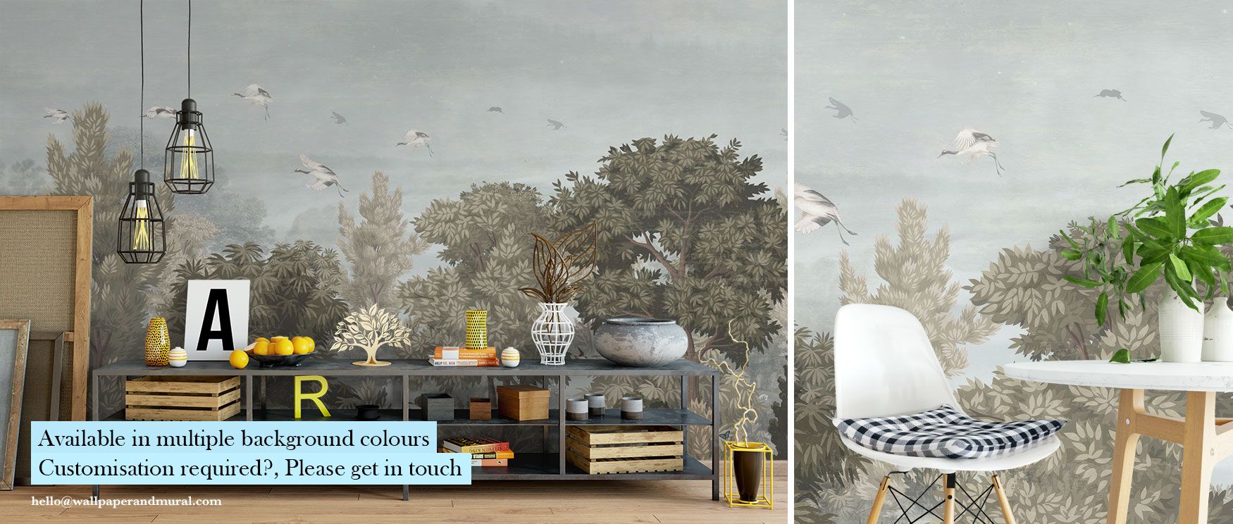 Large forest trees silhouetted against blue skies create a wallpaper design that embodies the freshness and serenity of morning light indoors. 