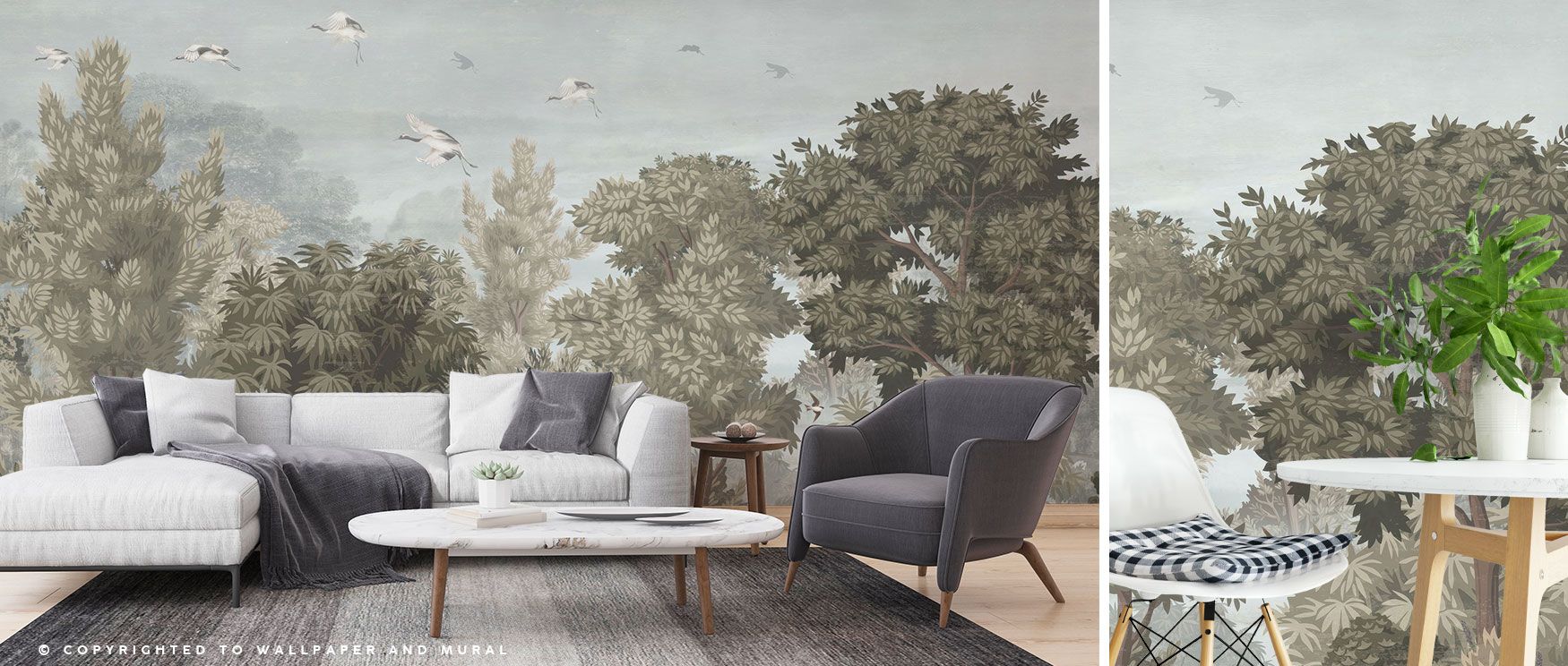 The A New Day Begins Wallpaper shows tall trees standing against a soothing blue background, evoking the calm of sunrise and offering peace for bedrooms or offices. 