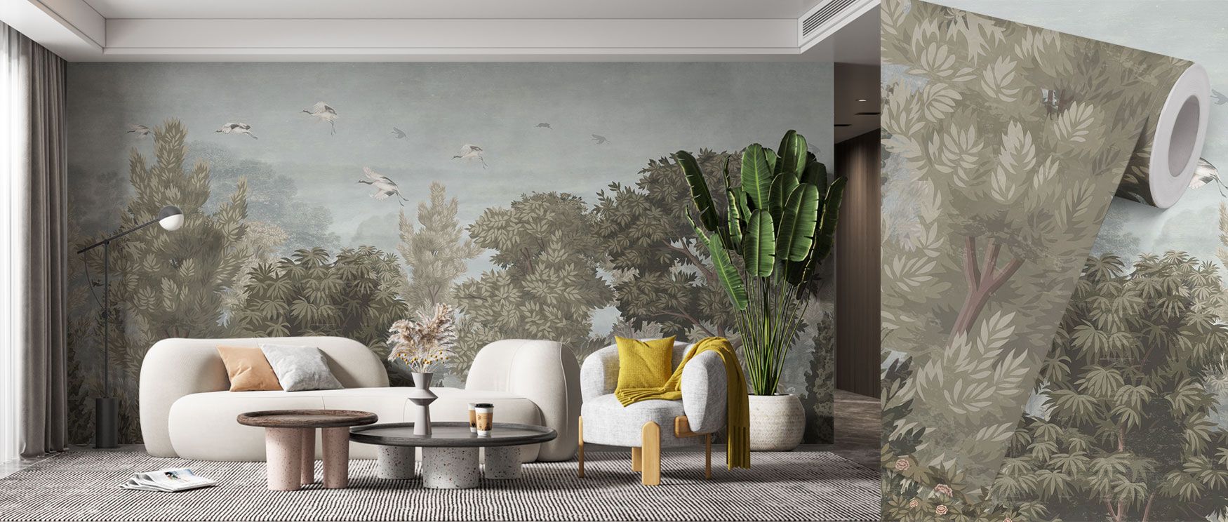 This wallpaper highlights majestic trees rising against a blue backdrop, offering calm and inspiration for spaces like bedrooms or creative studies. 