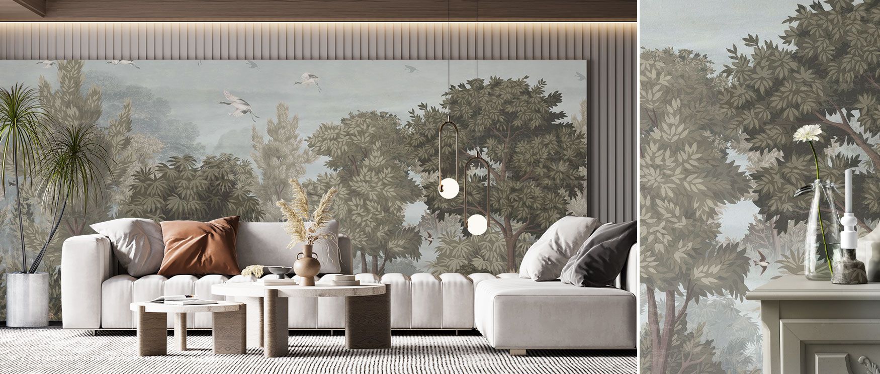 The design captures the tranquility of dawn with tree silhouettes set in blue tones, providing serene wall decor for bedrooms or reflective lounges. 