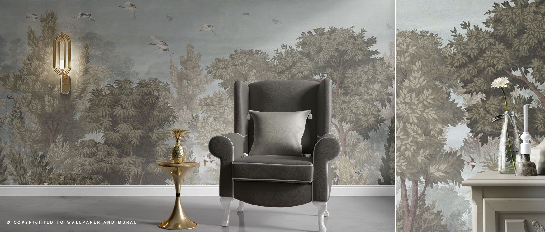 A wallpaper that symbolizes new beginnings through large trees framed against a blue sunrise, adding calm inspiration to living spaces. 