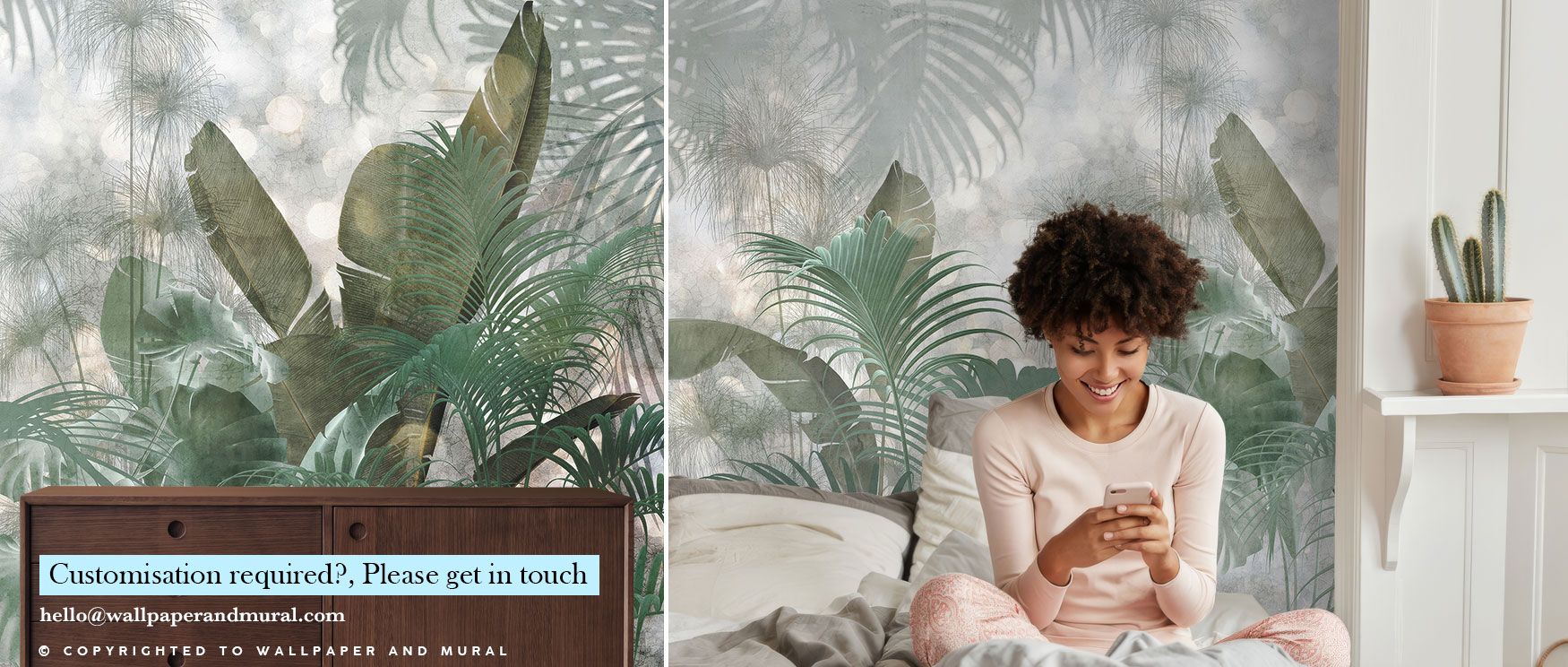 The wallpaper presents a lush abundance of layered tropical leaves, evoking jungle vitality and freshness perfect for modern or classic interiors. 