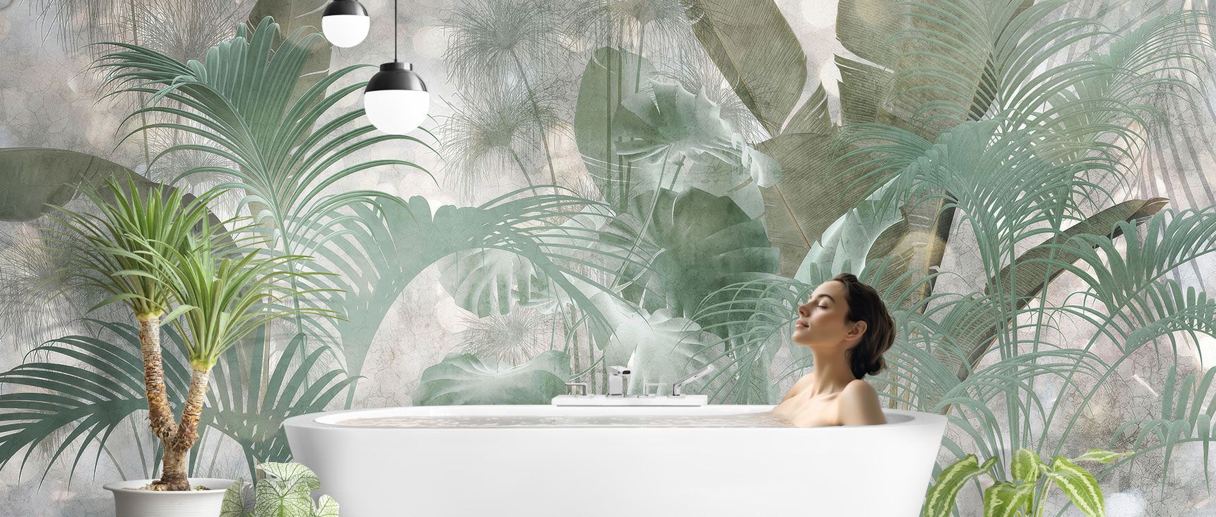 Bold green foliage patterns in this wallpaper add tropical vibrancy to interiors, making walls lively and nature-inspired focal points. 