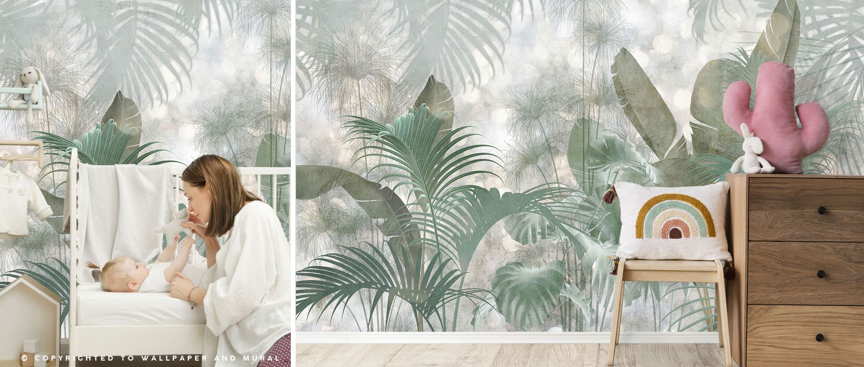 A mural of lush tropical greenery filled with layered leaves creates a vibrant wallpaper that energizes bedrooms, dining spaces, or lounges. 