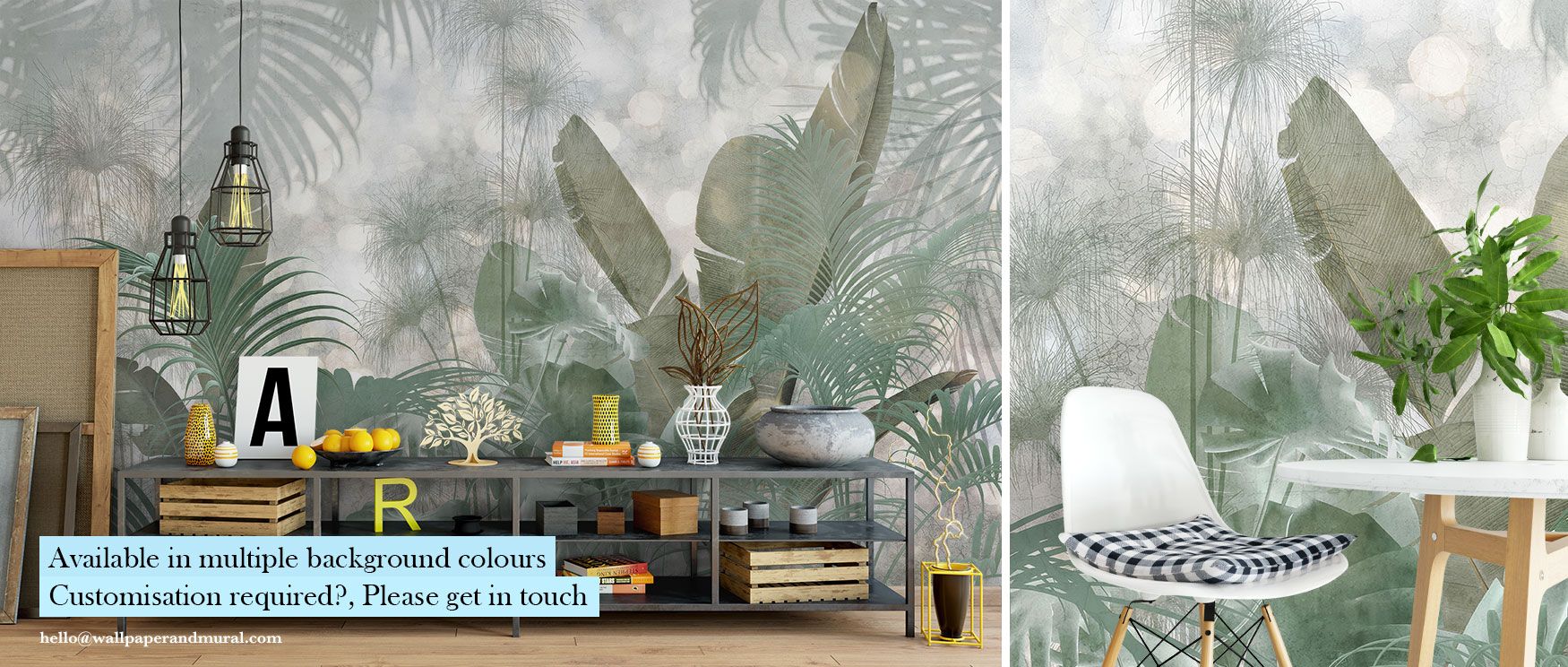 The Paillettes Tropical Wallpaper bursts with bold green leaves arranged in a vibrant jungle pattern, offering lush natural vitality ideal for living rooms or dining spaces. 