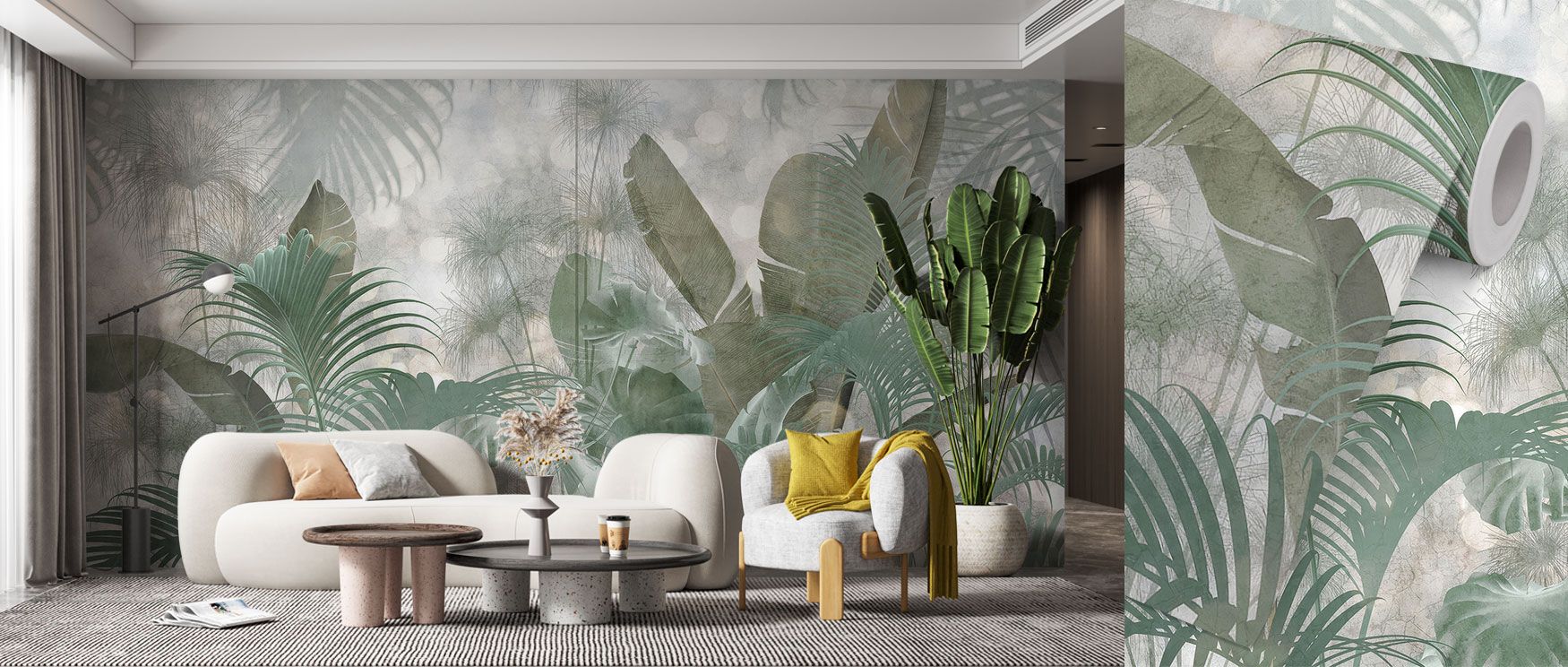 This mural celebrates the vibrancy of tropical nature with bold leaf patterns and lush greenery, energizing walls with eco-friendly botanical design. 
