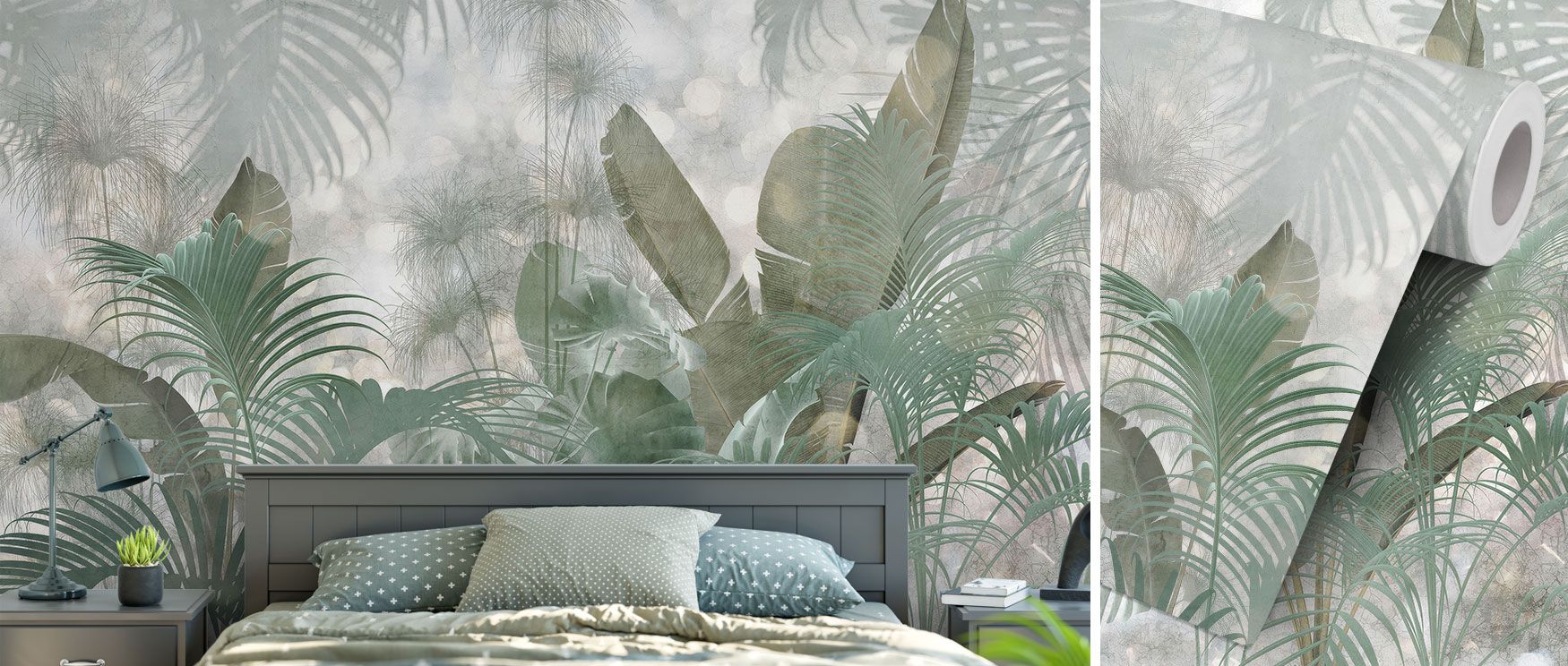 A wallpaper design filled with tropical foliage in rich green tones, bringing jungle-inspired freshness into bedrooms, lounges, or creative interiors. 