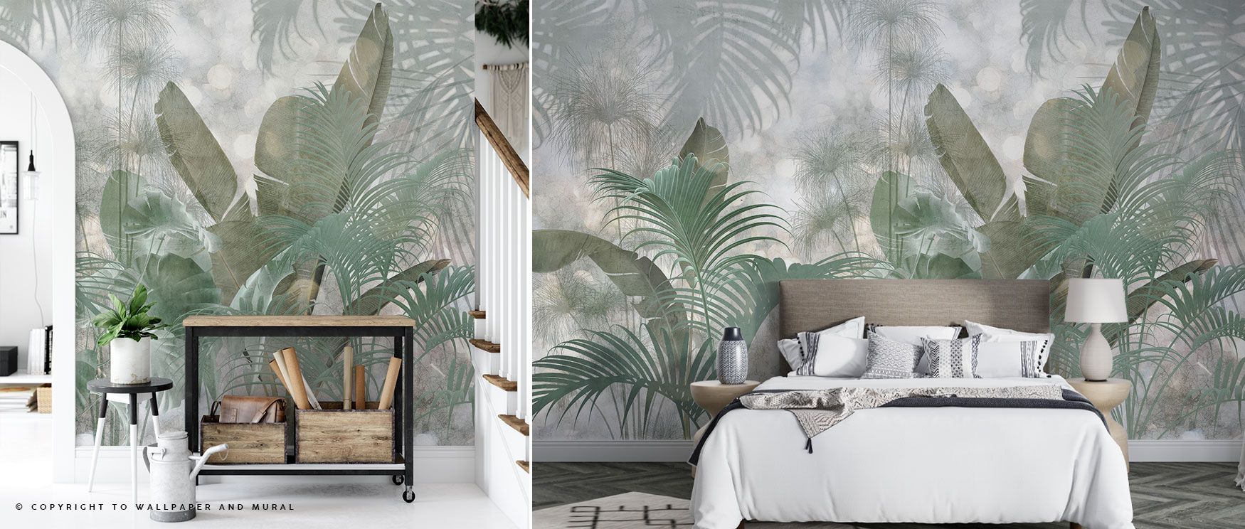 A rich tapestry of tropical leaves creates this wallpaper design, offering vibrant natural beauty and eco-friendly wall decor for bedrooms or lounges. 