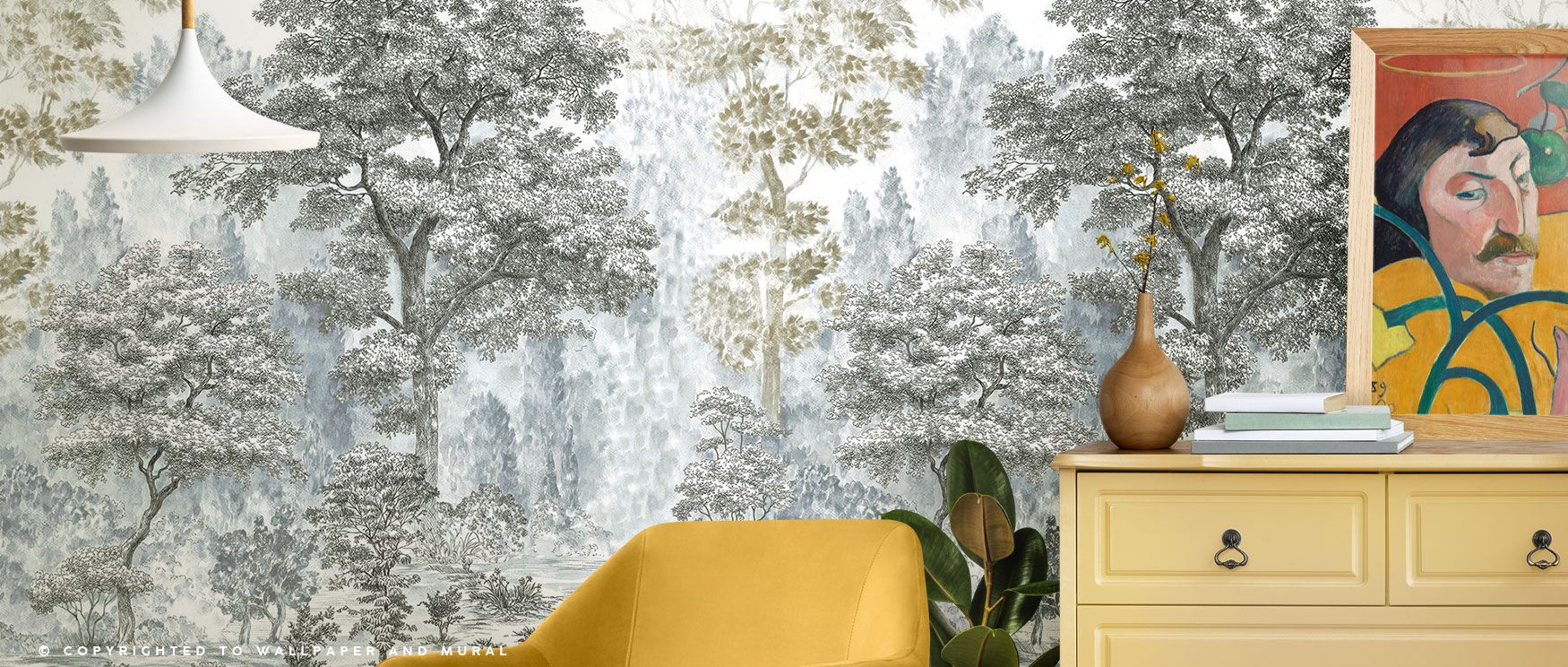 The Rising Roots design merges tree silhouettes and lush greenery, creating an immersive wallpaper that adds tranquility to interiors. 