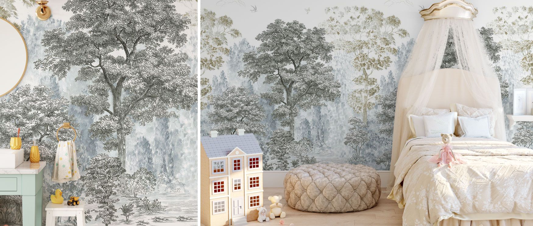 Rooted tree motifs with layered foliage bring a calming presence into this wallpaper, perfect for creating serene lounge or dining environments. 