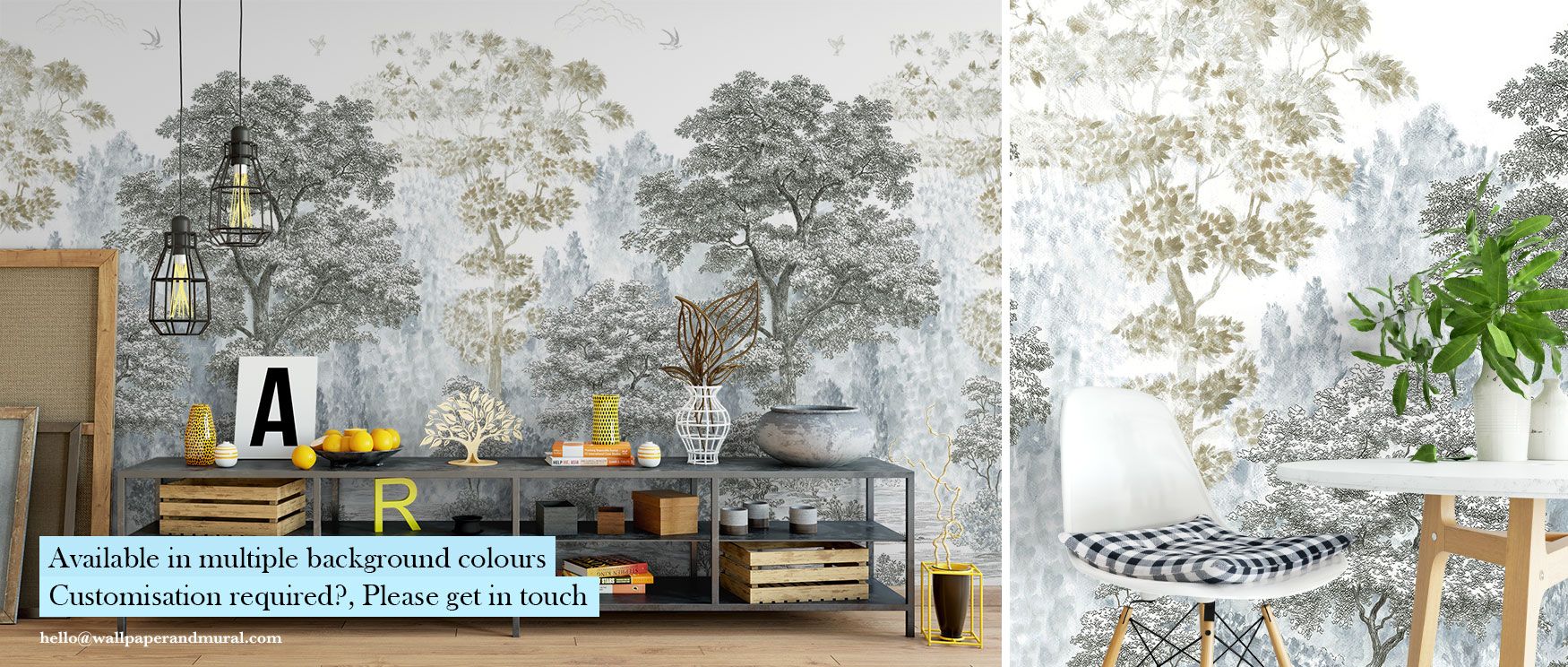 Majestic tree forms with rooted bases and layered greenery are depicted in this wallpaper, evoking calm forest beauty for tranquil interiors. 