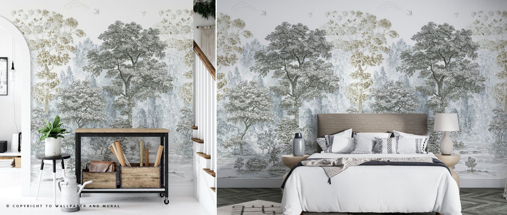 A design with tall forest trees and natural foliage layers, creating a wallpaper that captures timeless calmness suited for reflective interiors. 