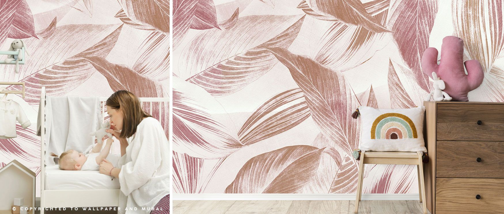Vibrant birds and towering palms are set in lush greens and natural textures, making this wallpaper a refreshing wall accent for cozy interiors. 