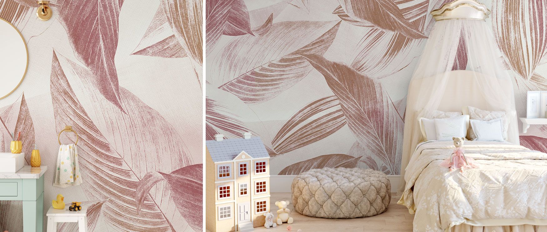 This wallpaper immerses interiors in jungle vitality, with exotic birds enhancing the lush palm-filled landscape ideal for bedrooms or living rooms. 