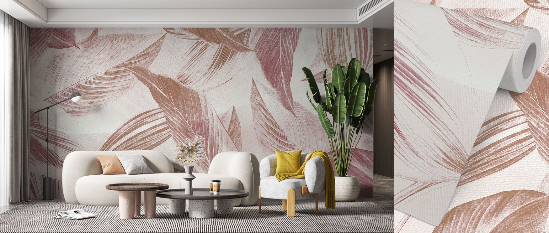 The wallpaper blends lush palm trees and exotic bird motifs, evoking a jungle-inspired vibrancy that uplifts the ambiance of modern interiors. 