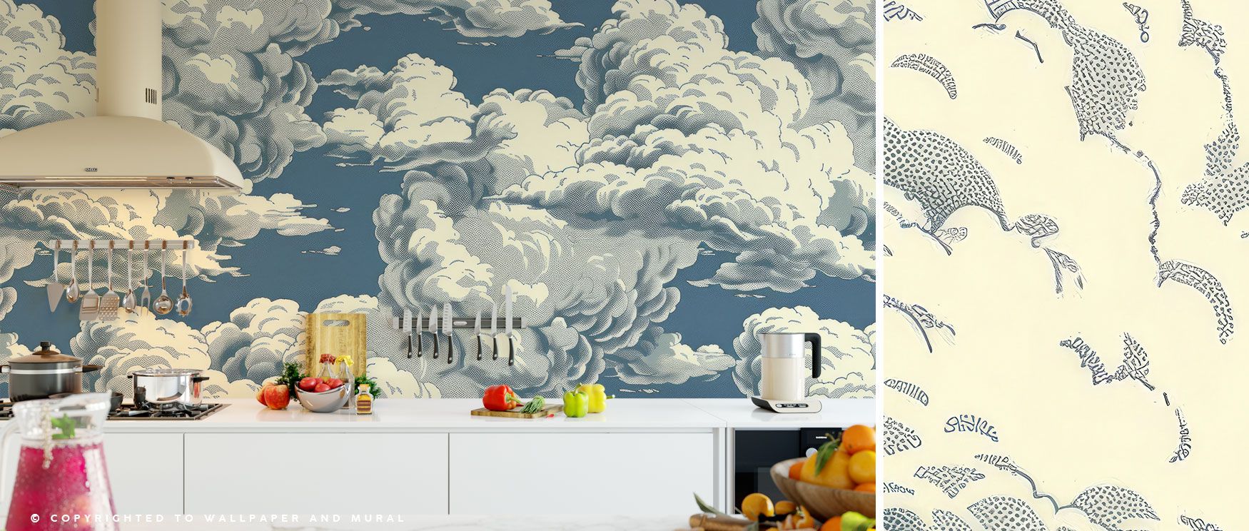 Gentle white cloud forms and expansive blue skies create a wallpaper that adds dreamy serenity to bedrooms, living rooms, or creative spaces. 
