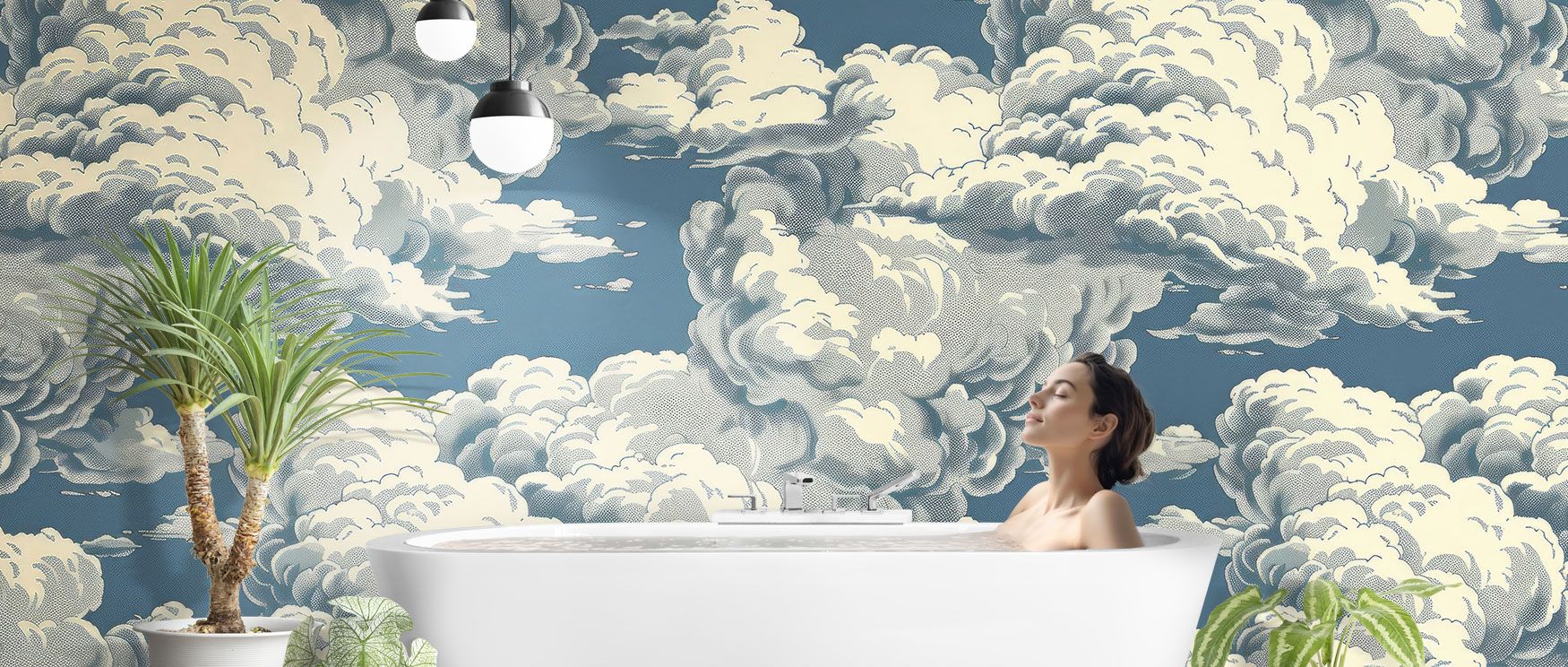 The Daydreamer Clouds Wallpaper turns walls into horizons, with floating white clouds against blue skies creating peaceful interiors. 