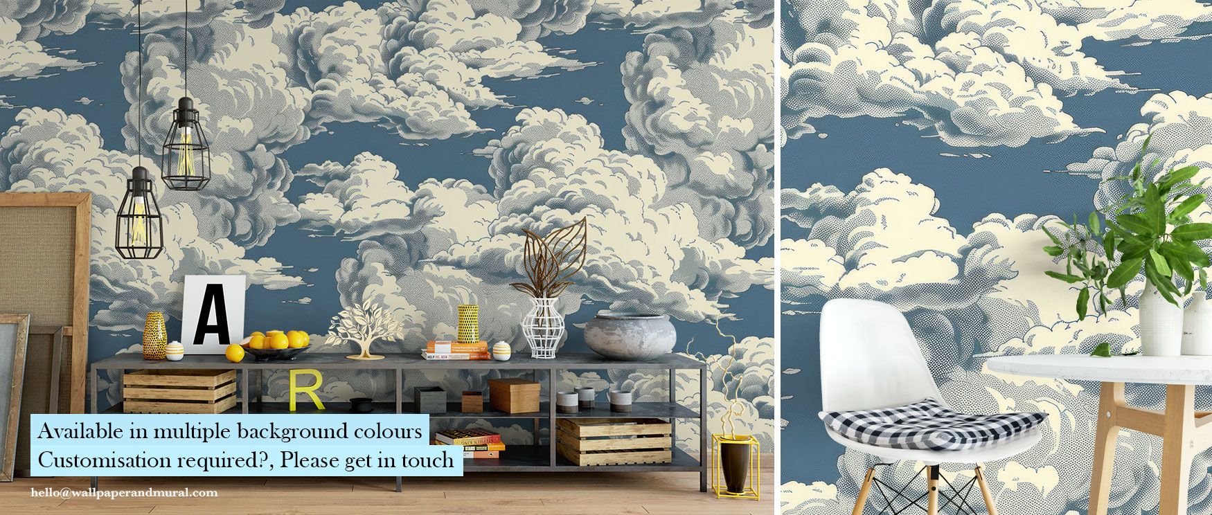 A wallpaper design featuring fluffy white clouds drifting across a soft blue sky, evoking peaceful horizons that transform interiors into tranquil retreats. 
