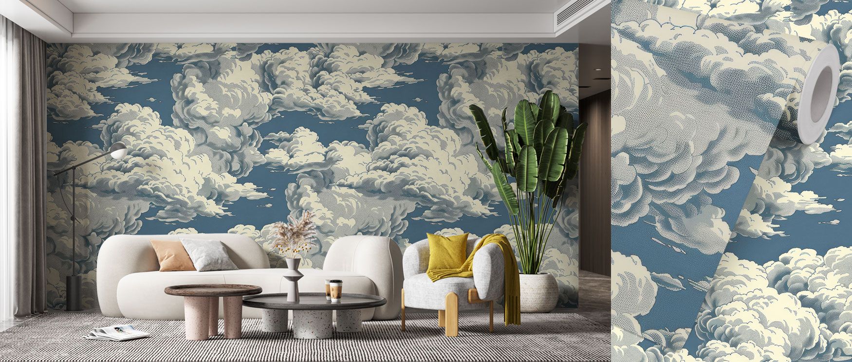 This wallpaper captures the gentle beauty of a sky scene, with delicate clouds floating over blue tones, perfect for bedrooms or calm living spaces. 