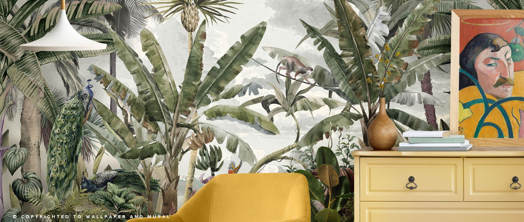 A design filled with rich banana leaves and lush greenery adds exotic vibrancy to walls, enhancing spaces with tropical inspiration. 
