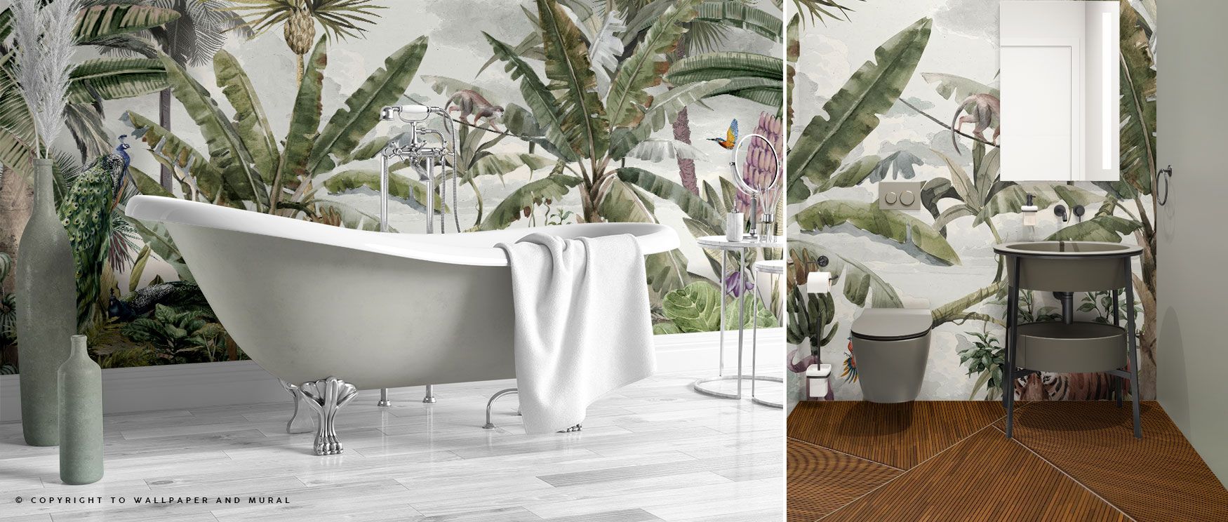Banana leaves and botanical textures form the basis of this wallpaper, creating a lush tropical scene that transforms interiors into lively retreats. 