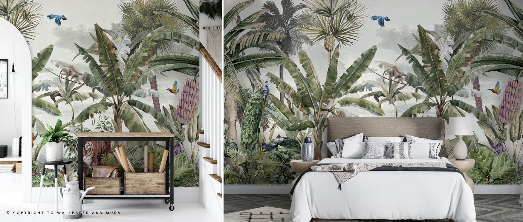 The wallpaper captures jungle vitality with oversized tropical foliage, offering a dynamic wall design for stylish and cozy home interiors. 