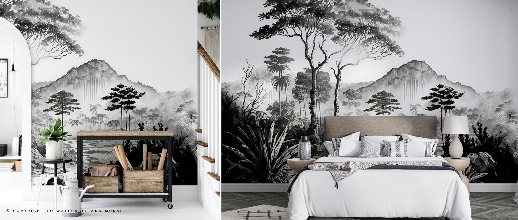 The Adventure Lands Wallpaper transforms spaces into tropical escapes, with layered greenery and tree silhouettes creating natural vitality. 